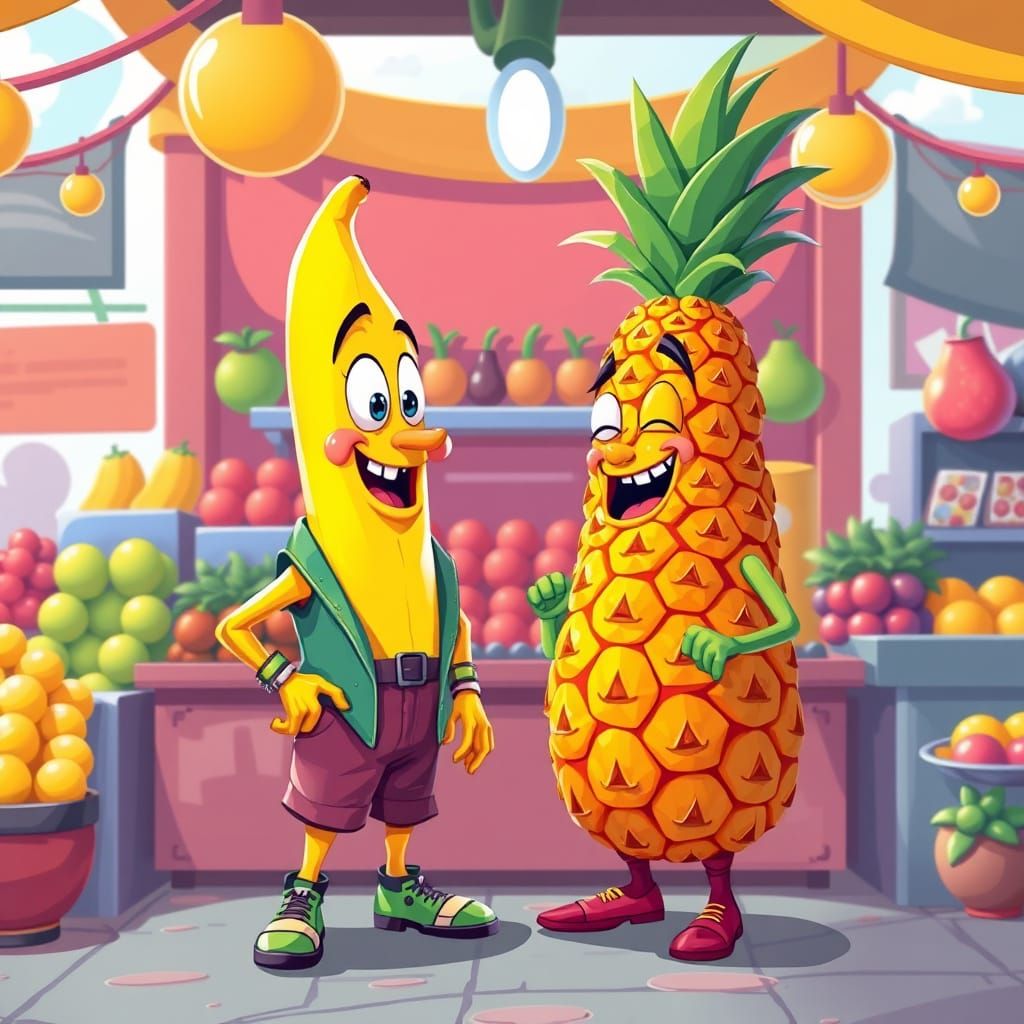 Banana and Pineapple Engage in Whimsical Fruit Stand Argumen...