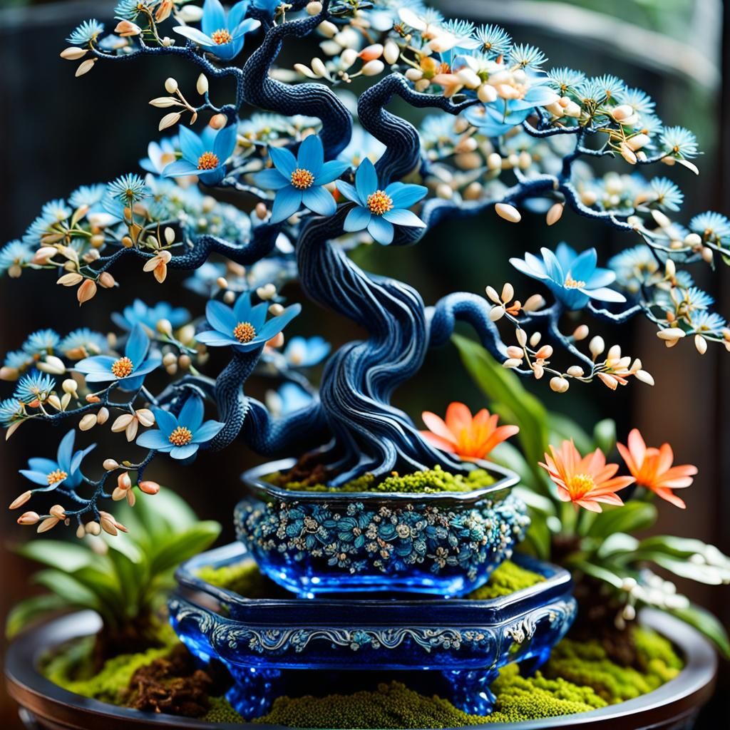 Ornate Blue Vase with Summer Flowers and Bonsai