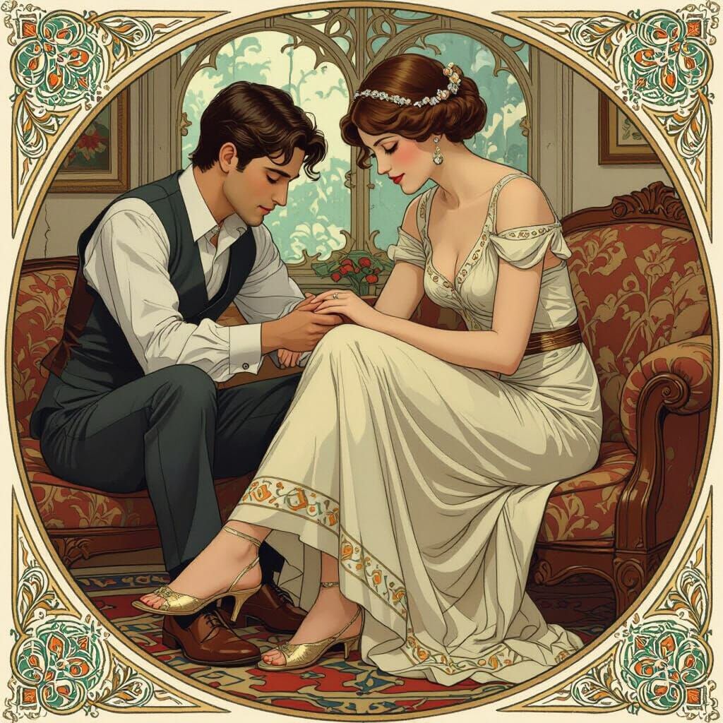 Woman Removing Shoes in Alphonse Mucha Style