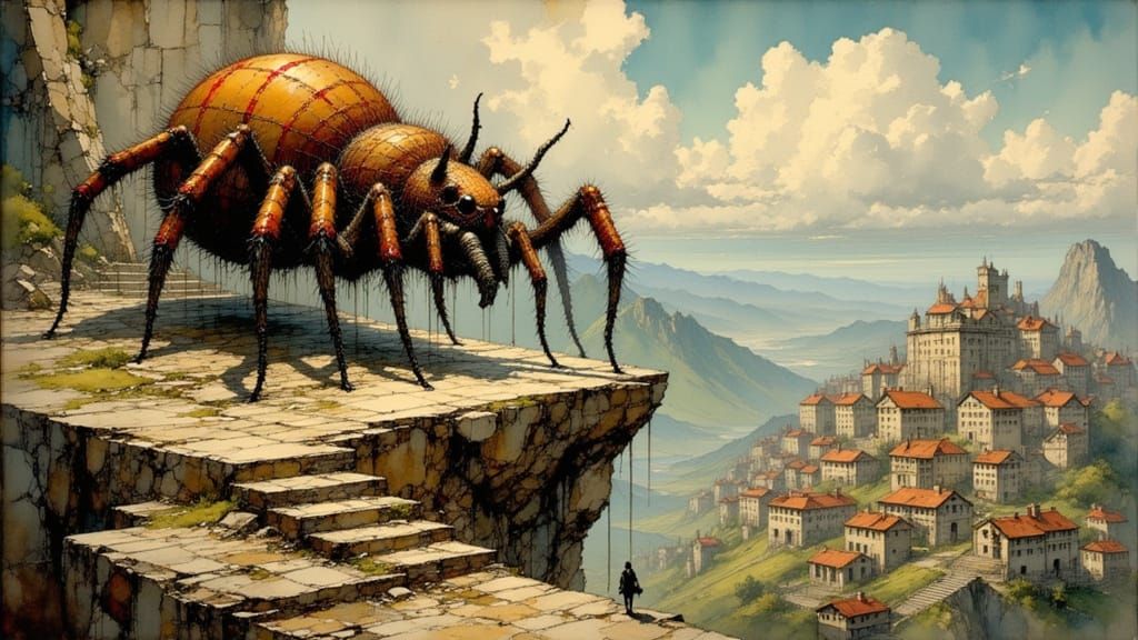Colossal Spider God on Throne in Epic Fantasy Landscape