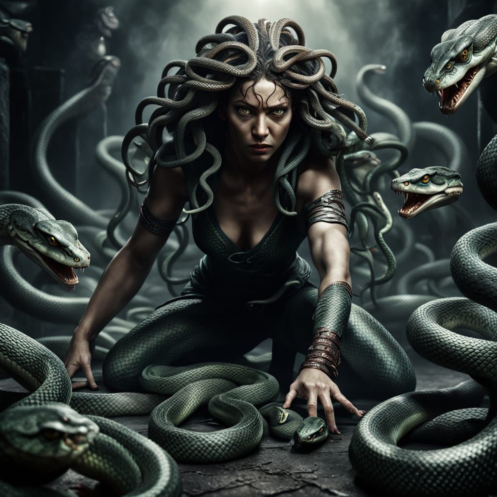 Hyperrealistic Medusa Action Shot in Dark Atmosphere
