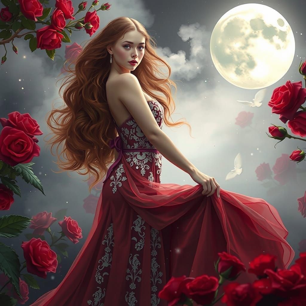 Serene Angel in Lush Garden with Blood Red Roses