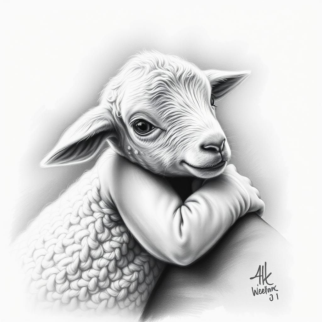 Child and Newborn Lamb Share a Heartwarming Hug in Charcoal ...
