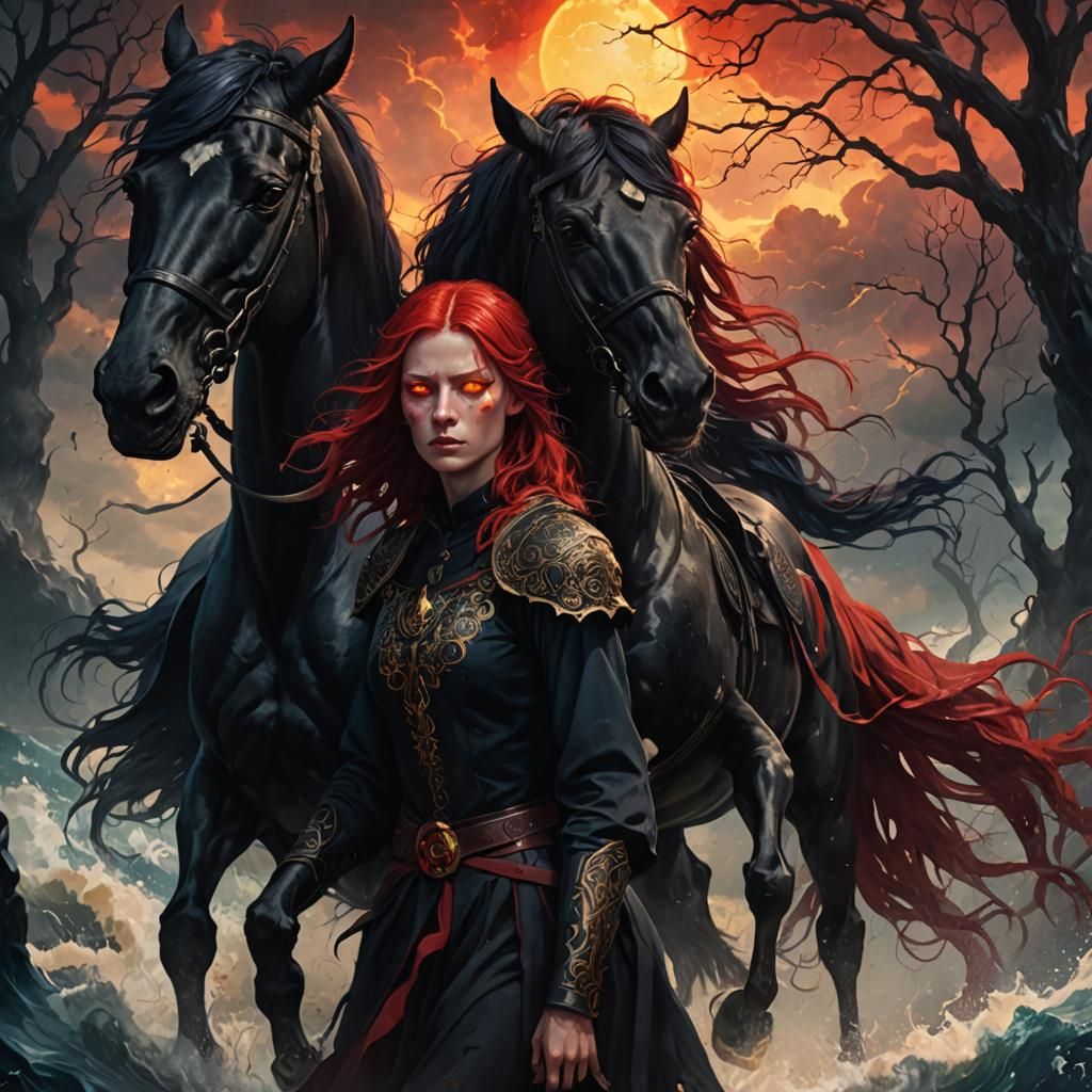 Makima Rides a Black Horse in Dark Fantasy Style