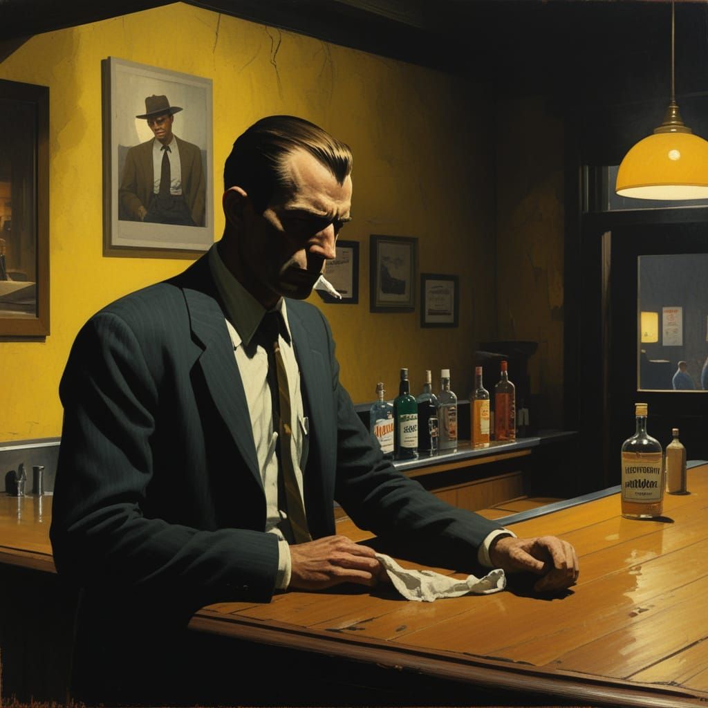 Weary Bartender in a Smoke-Filled Bar, Oil Painting in Film ...