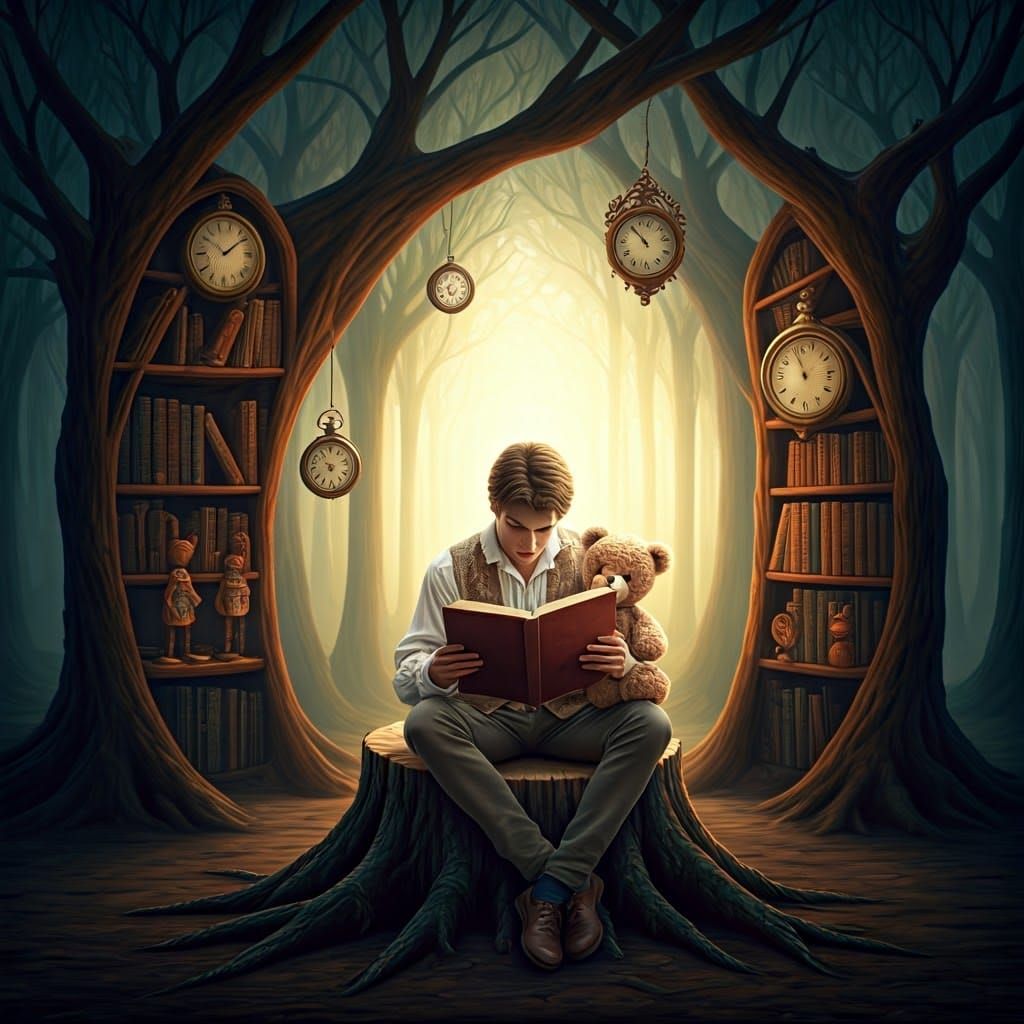 Whimsical Prince Reads to Teddy Bear in Storybook Forest