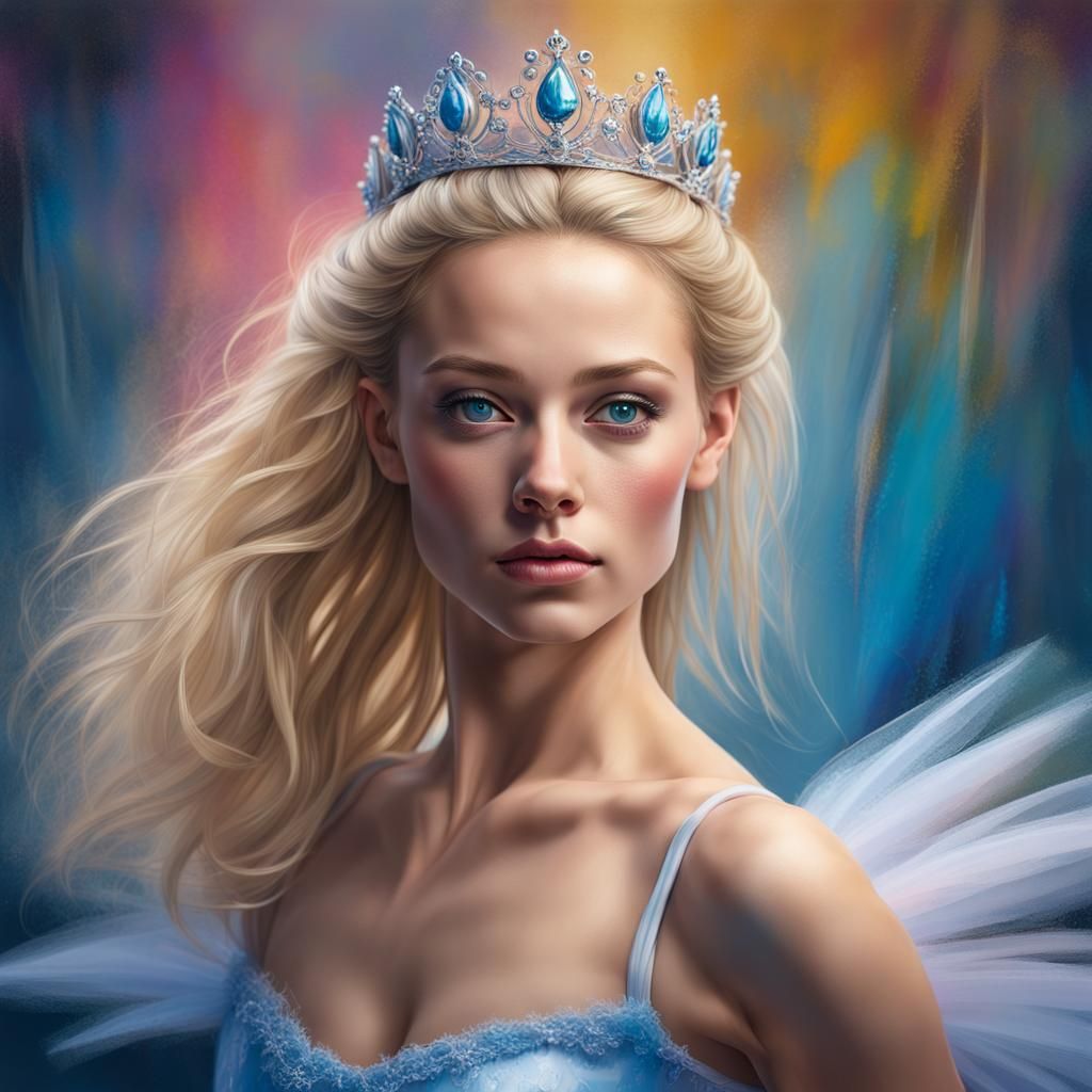 Hyperrealistic Ballerina with Tiara in Splash Art Style