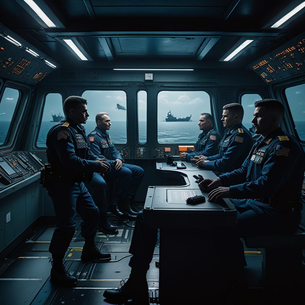 Cyberpunk Italian Navy Officers on the Bridge in 2099