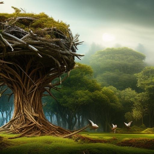 Intricate Bird's Nest in a Tree: Digital Painting