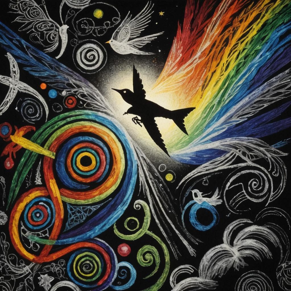 Surreal Celtic Fairy Bird Plane Silhouette in Crayon Style