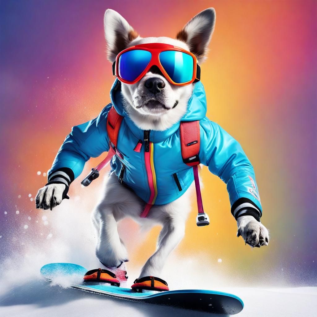 Dog Skiing and Snowboarding: Hyperrealistic Concept Art