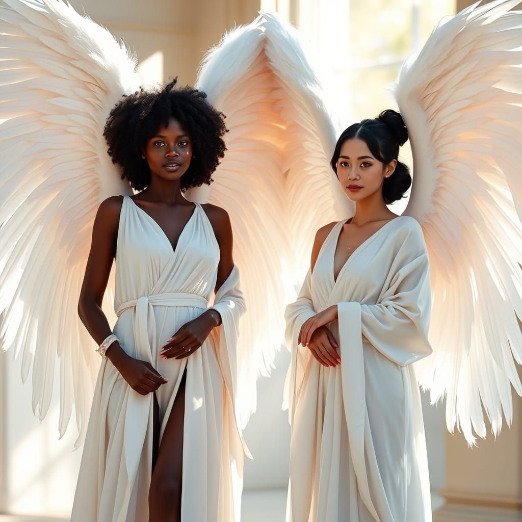 Ethereal Women with Angel Wings in Art Nouveau Style