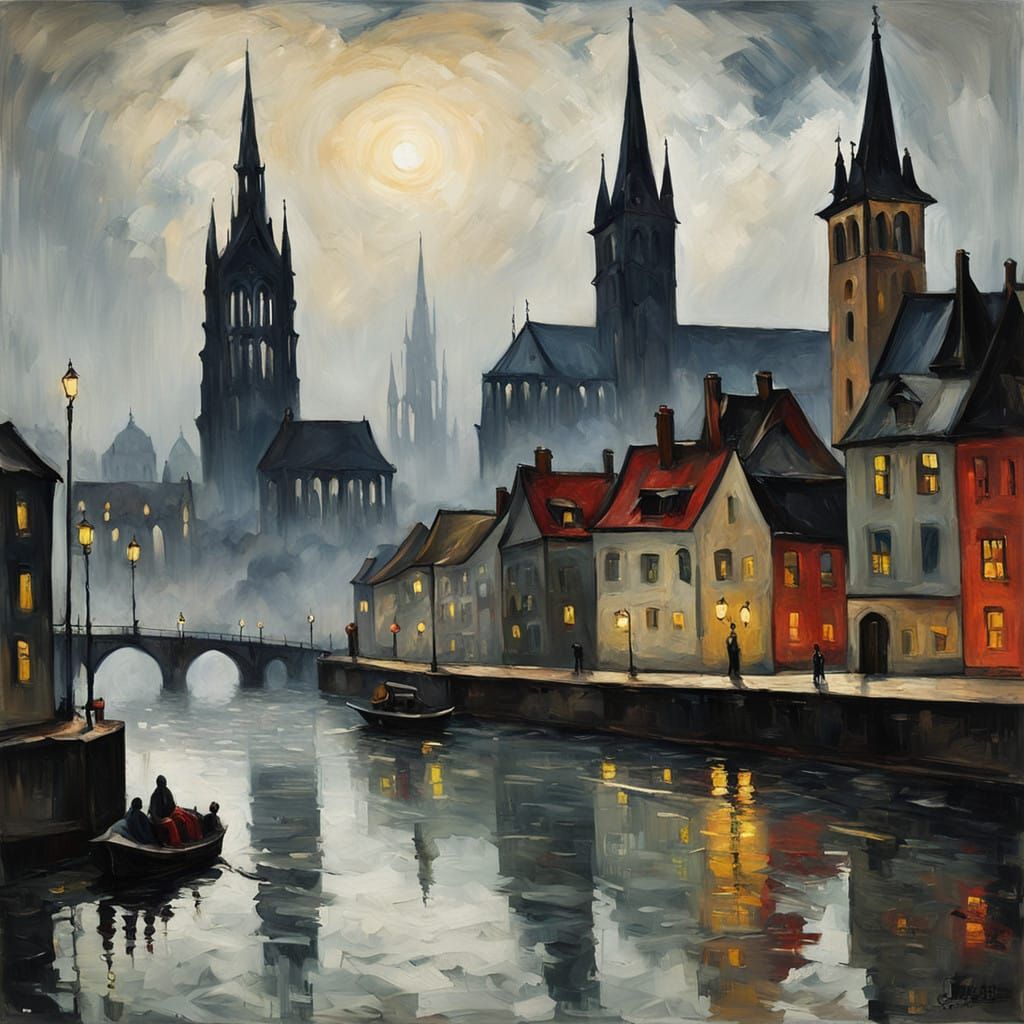 Neo-Expressionist Gothic Cityscape in Muted, Moody Colors
