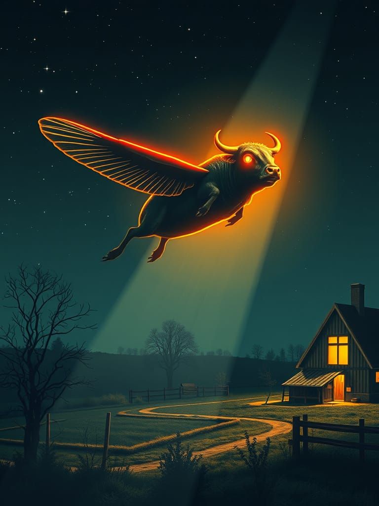 Flying Saucer Abducts Cow in Retro Sci-Fi Art