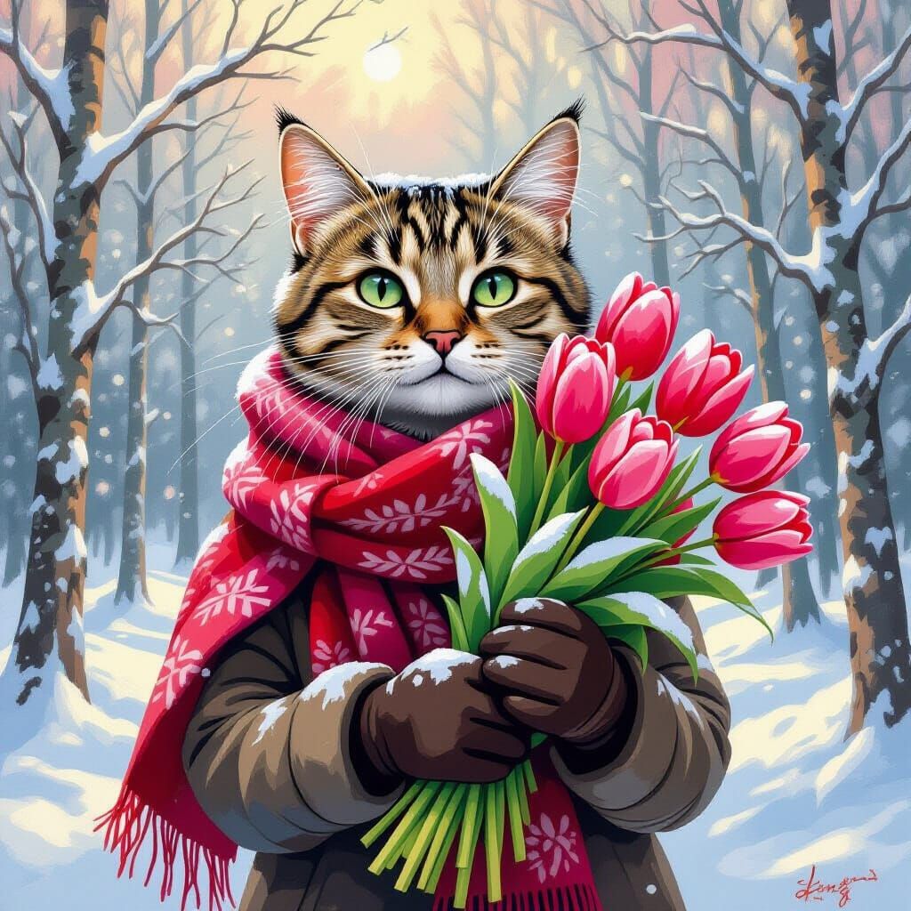 Winter Cat with Tulips in Impasto Oil Painting Style