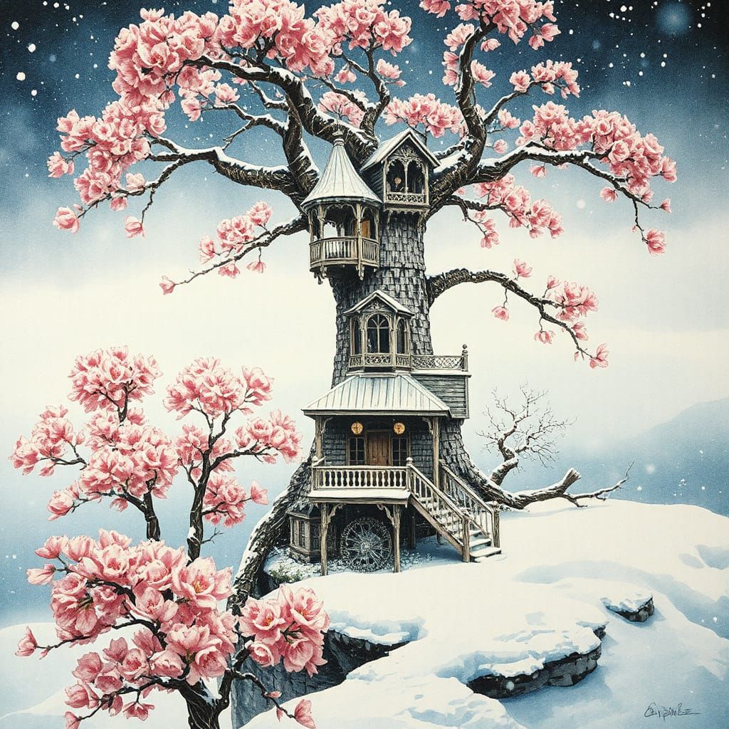 Winter Treehouse Mansion in Ink Painting Style