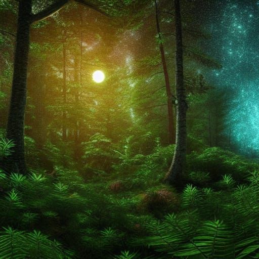 Iridescent Forest at Night Under Galaxy Sky