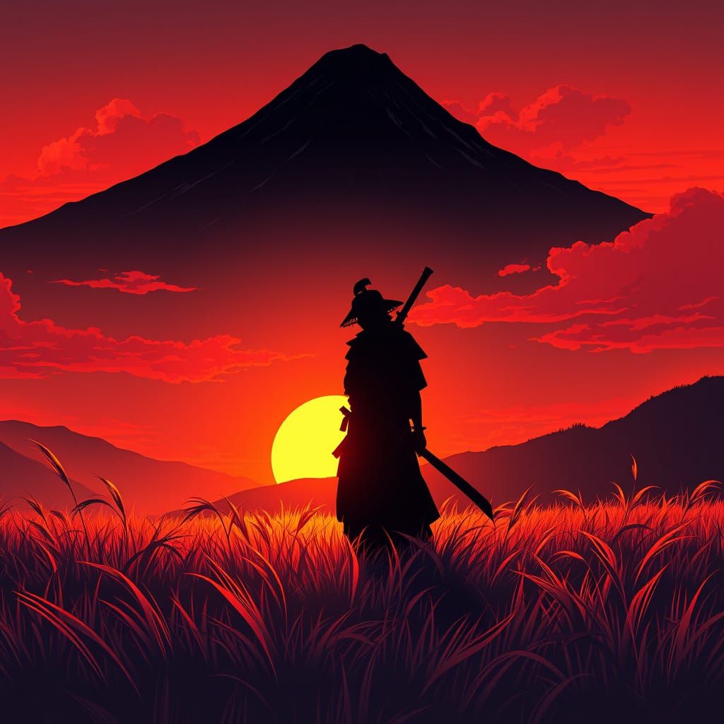 Samurai Silhouette Against Fiery Sunset as Woodblock Print