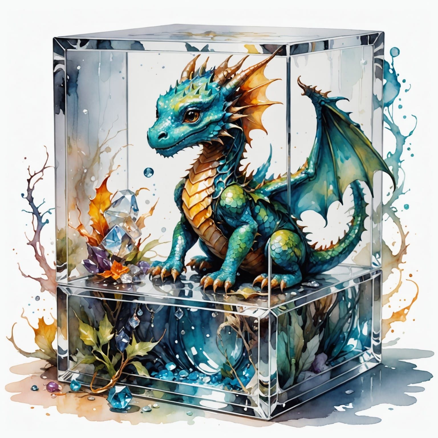 Baby Dragon in Jewelry Box - Watercolor Art