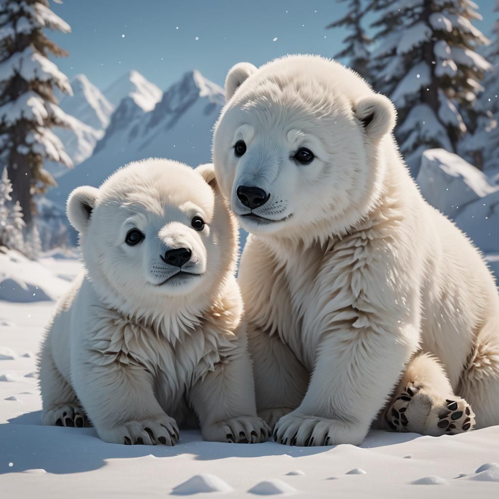 Cute Polar Bear Cubs in 3D Anime Style