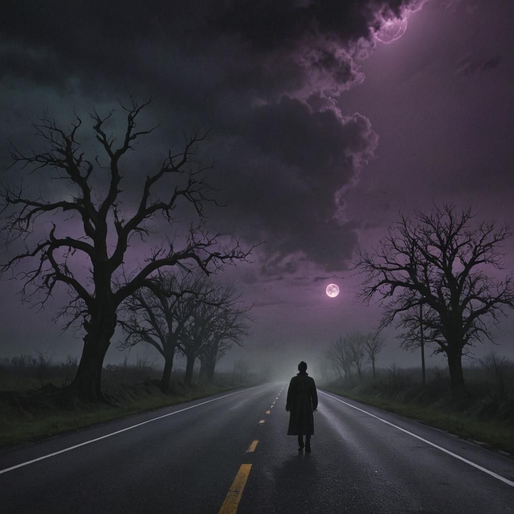 Eerie Highway Under Black Moon: Dark Fantasy Art
