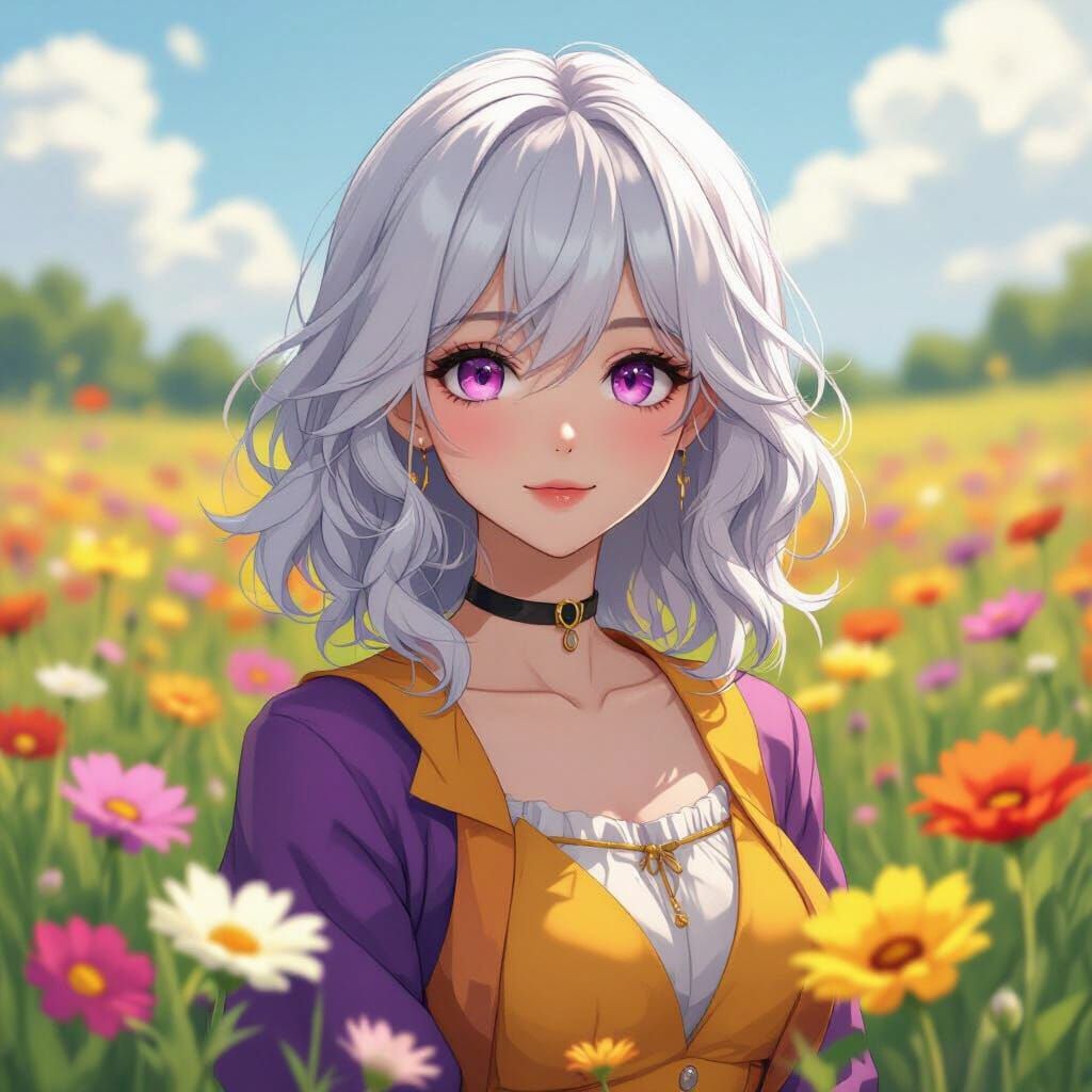 Anime Girl in Flower Field, Cel-Shaded Style