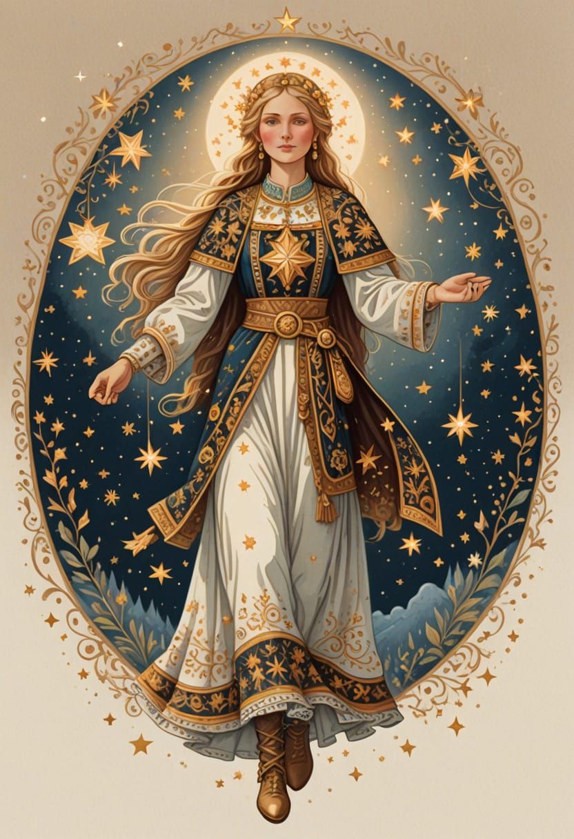 Latvian Folk Goddess Laima Under Starry Night Sky