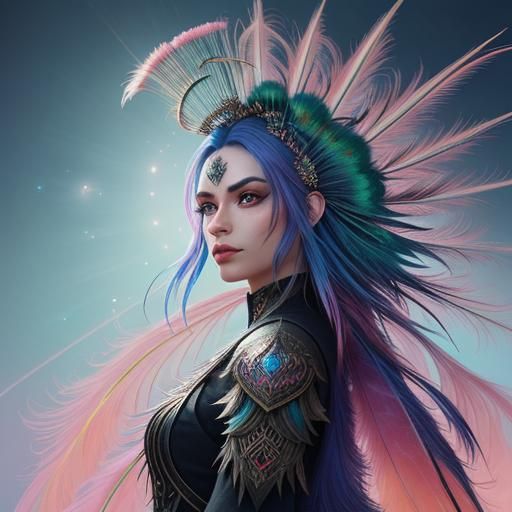 Fantasy Woman with Peacock Feathers, Digital Art