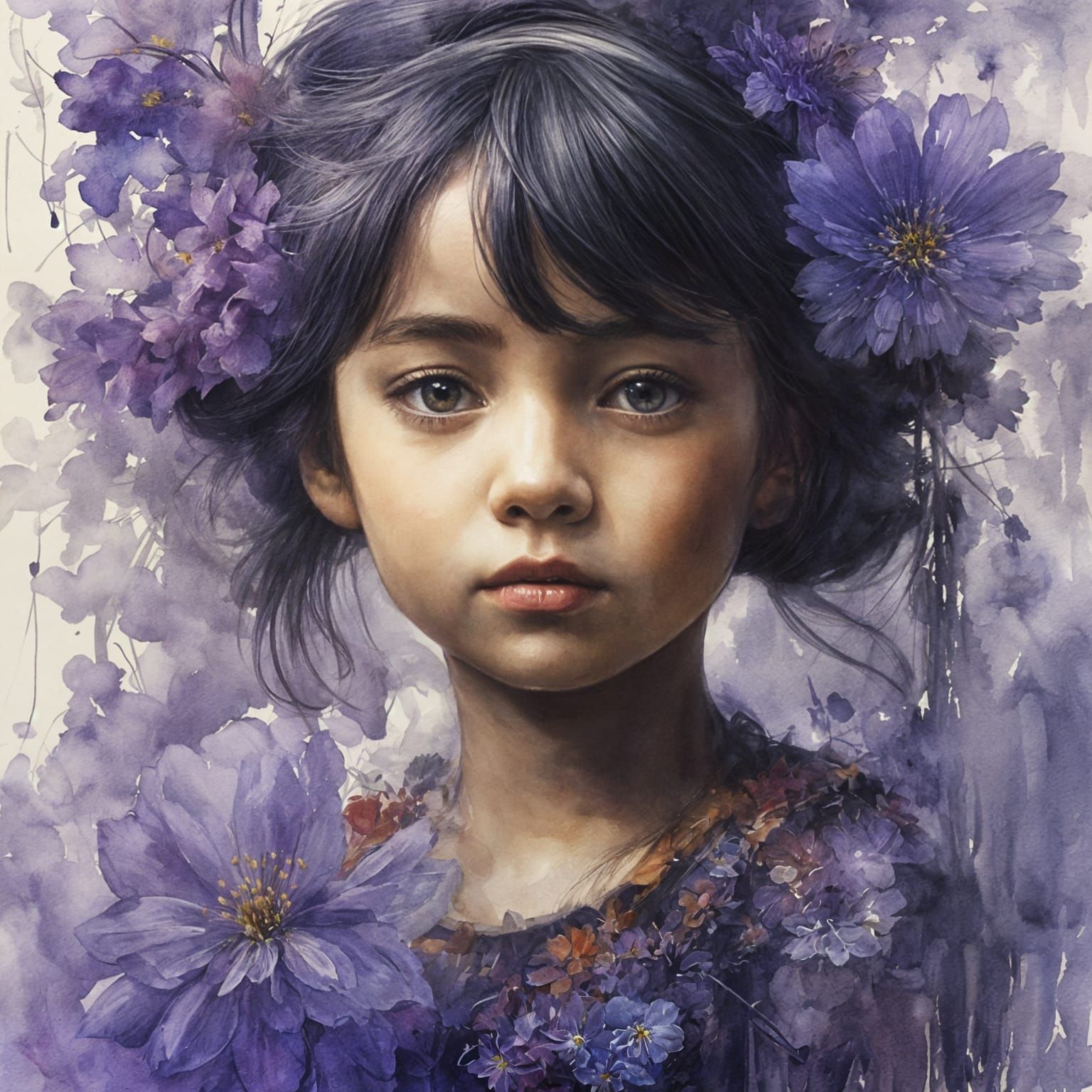 Pensive Girl Portrait with Flowers in Maximalist Style