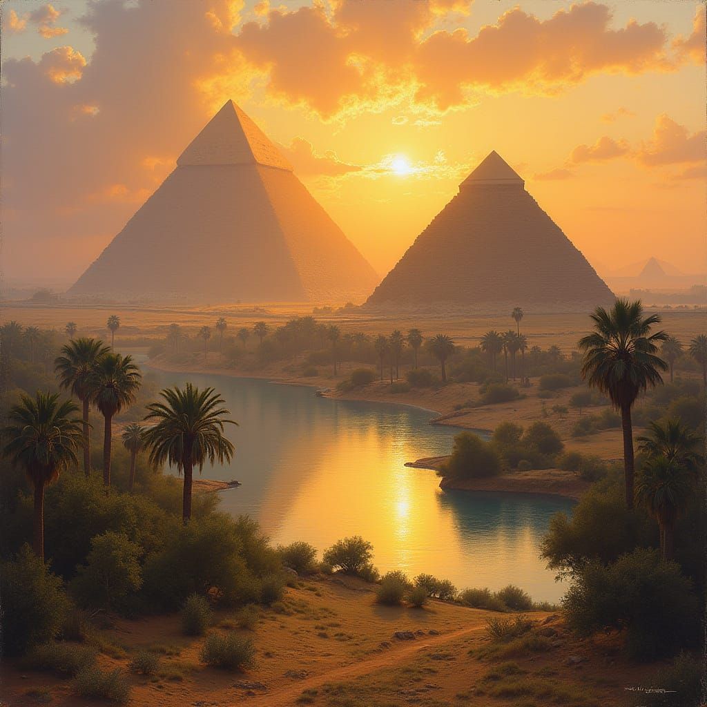 Egyptian Pyramids at Sunset, Monet-Style Oasis