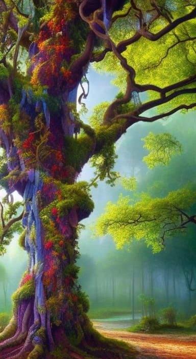 Glowing Trees Covered in Vines: A Hyperrealistic Landscape