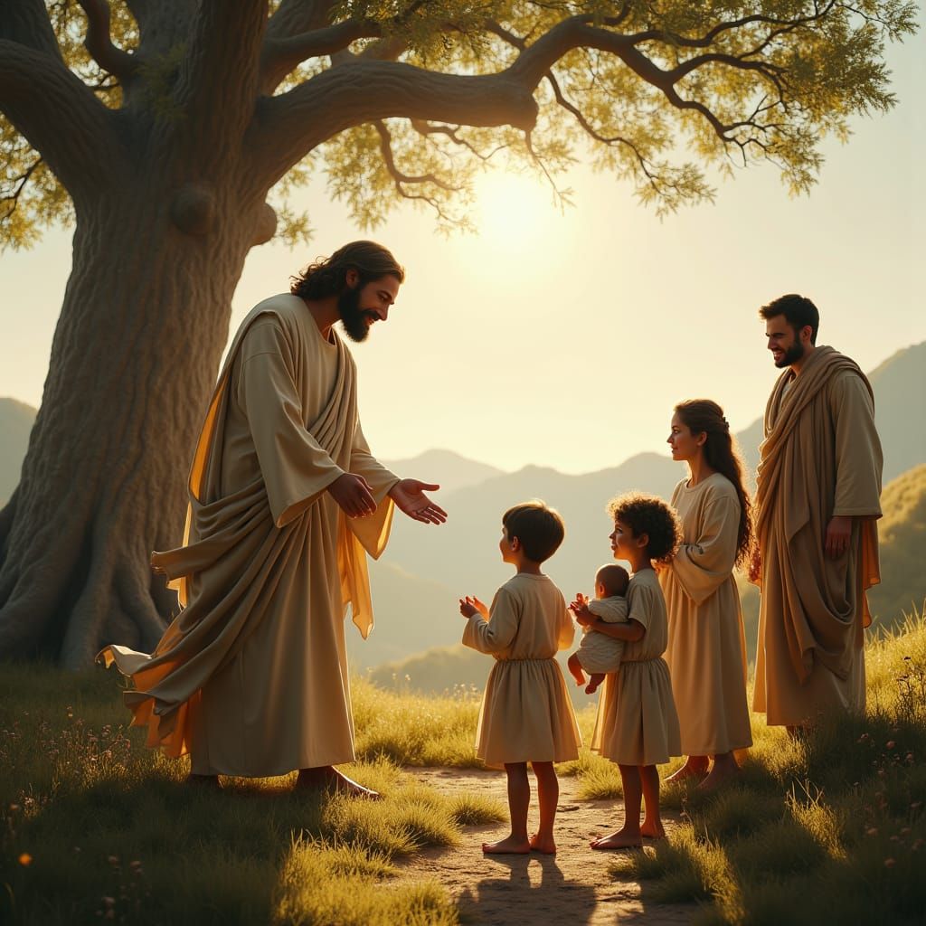 Jesus Welcomes Children in Mystical Landscape