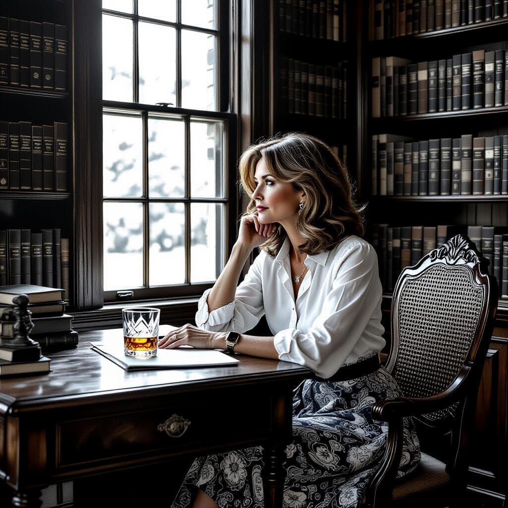 Woman in Library, Evoking Durer, Rembrandt, and Redon