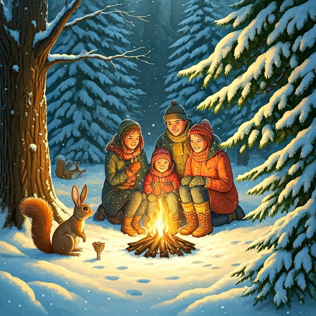 Cozy Winter Family Scene in Postcard Art Style