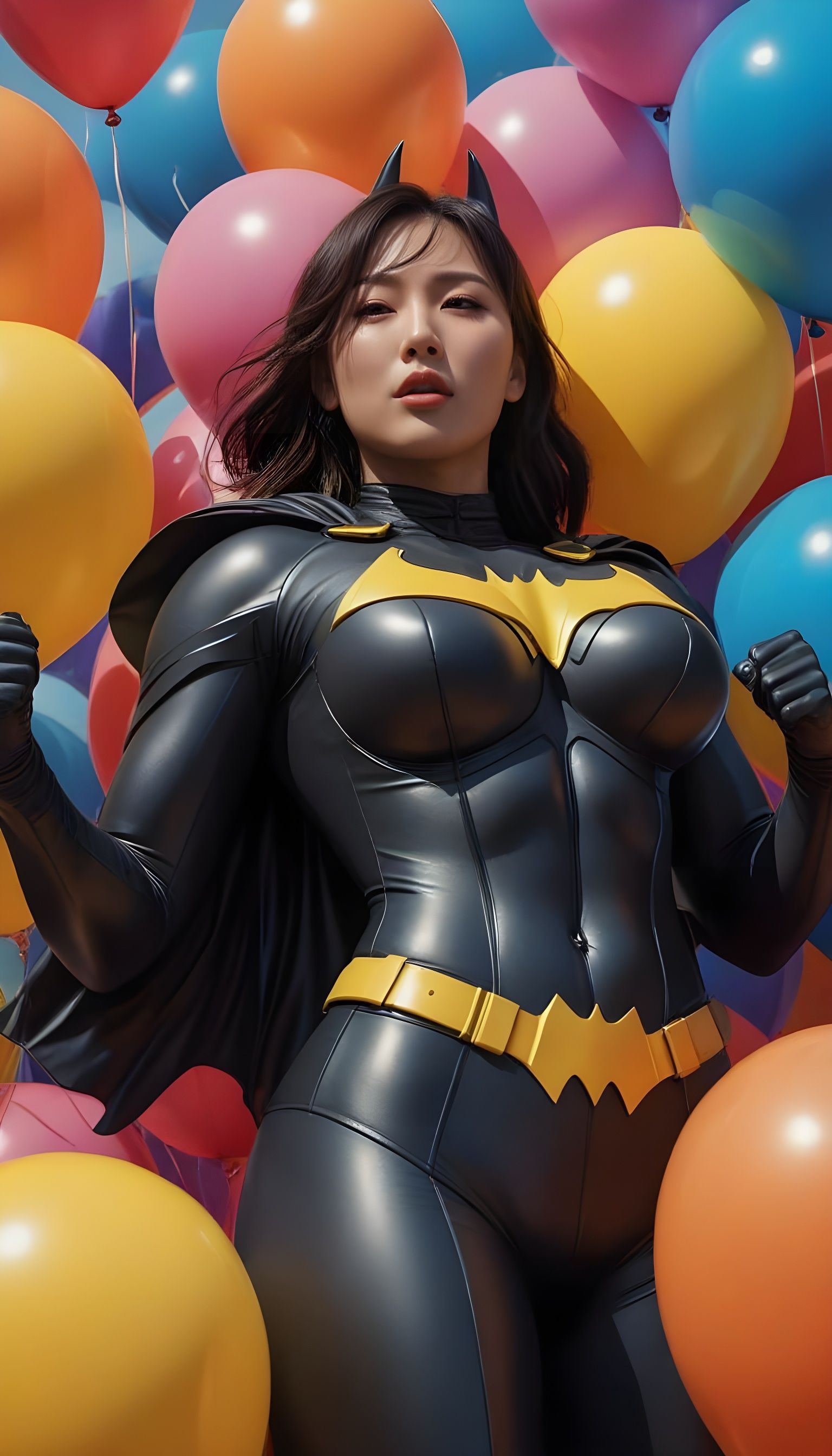 Curvy Super Muscular Batgirl Surrounded by Balloons