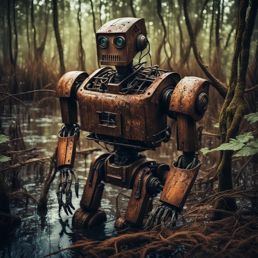 Rustic Robot in Overgrown Swamp Forest