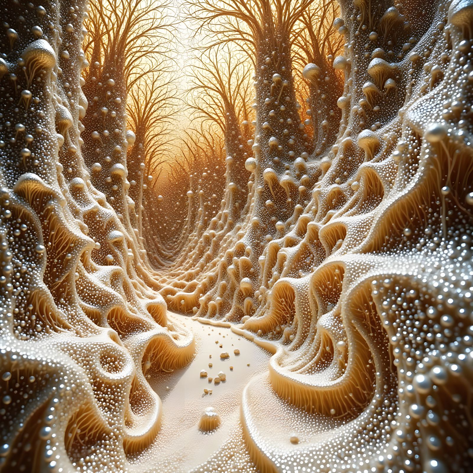 Surreal Fractal Mushroom Dreamscape with Overlaid Patterns