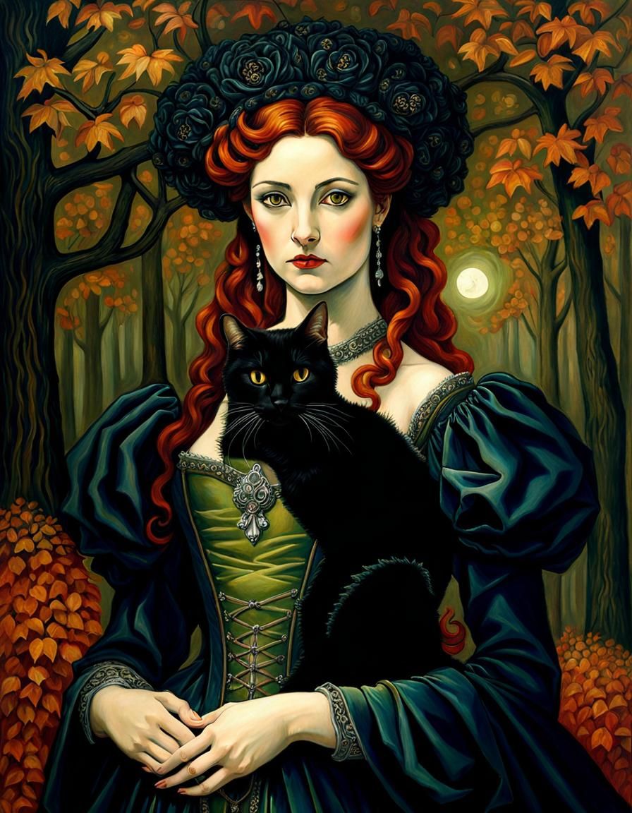 Renaissance Witch and Cat in Pre-Raphaelite Style
