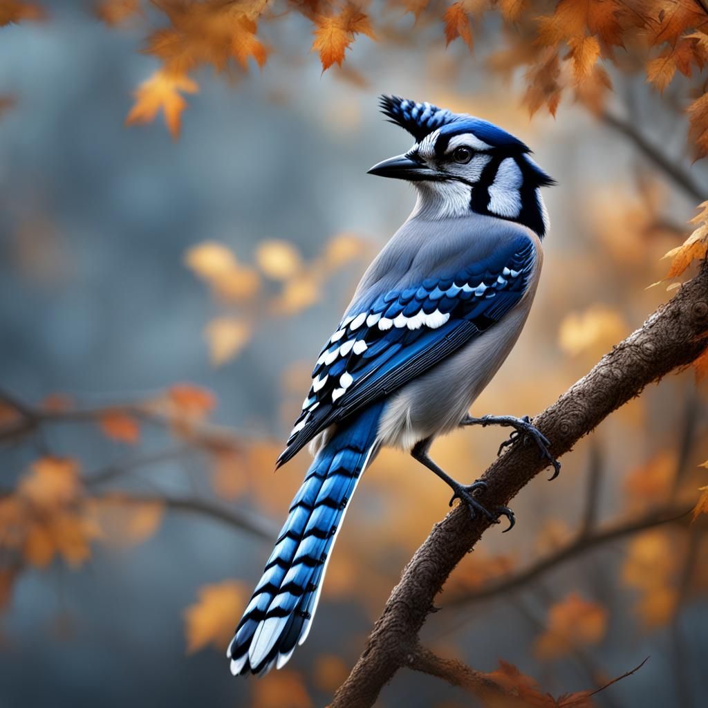 Blue Jay Foraging in Autumn: Digital Matte Painting