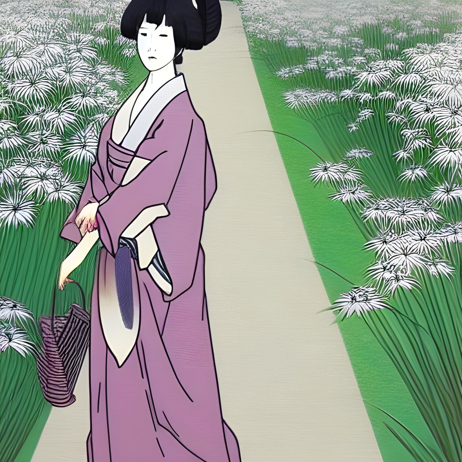Japanese woman with a parasole. Walking on a stone path thro...