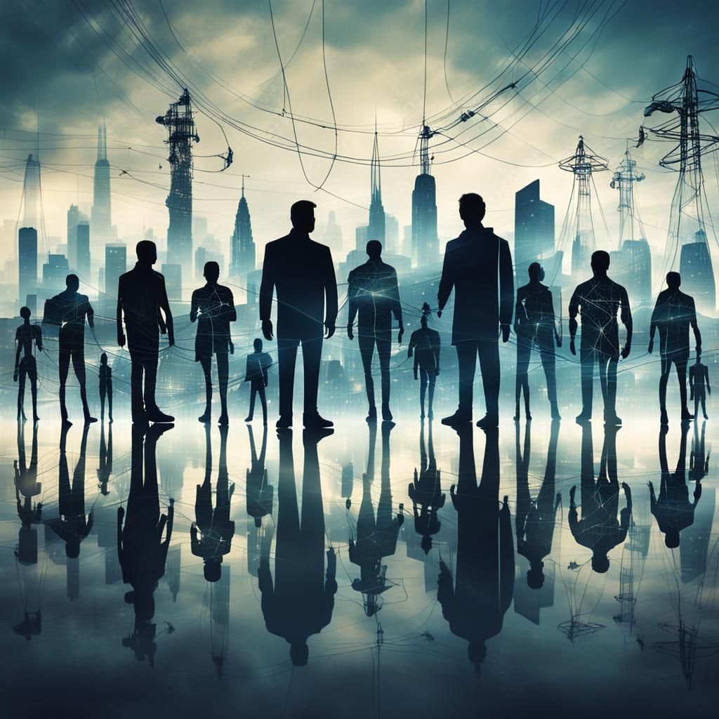 Alien Puppets in Futuristic City Double Exposure