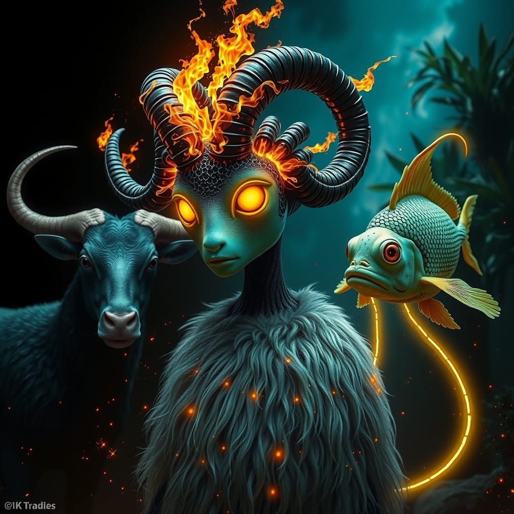 Mystical Burning Humanoid with Neon Horns