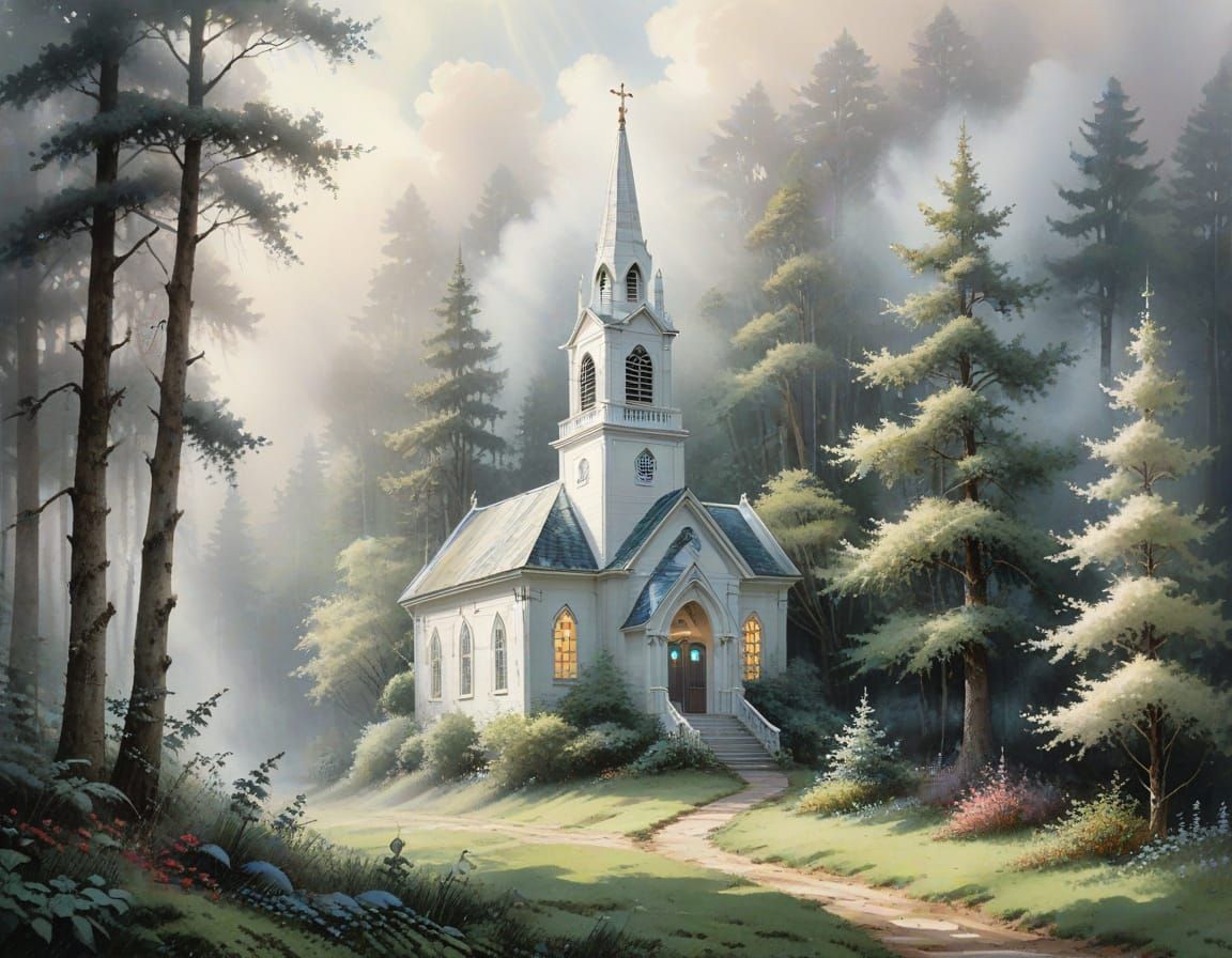 Ethereal Watercolor Church in Misty Forest