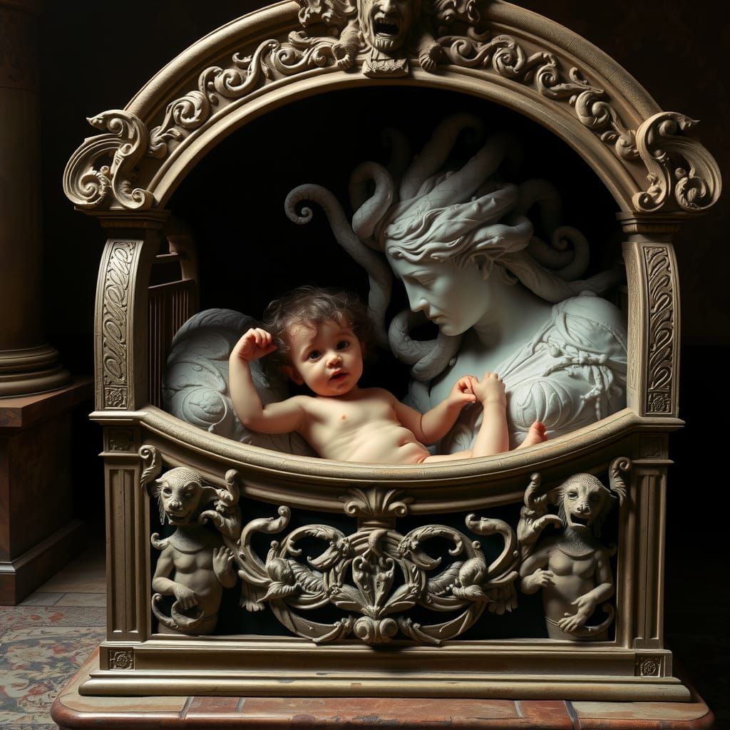 Baby Medusa Reaches for Stone Mother in Baroque Style