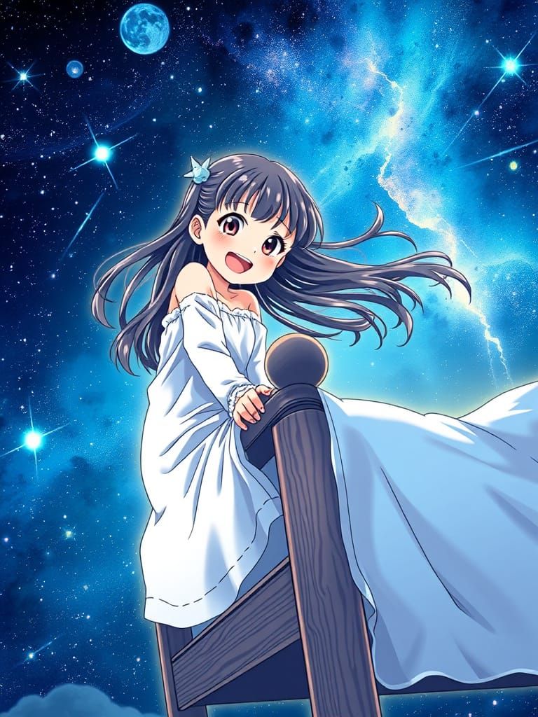 Girl's Bed Flies Through Cosmic Anime Dreamscape