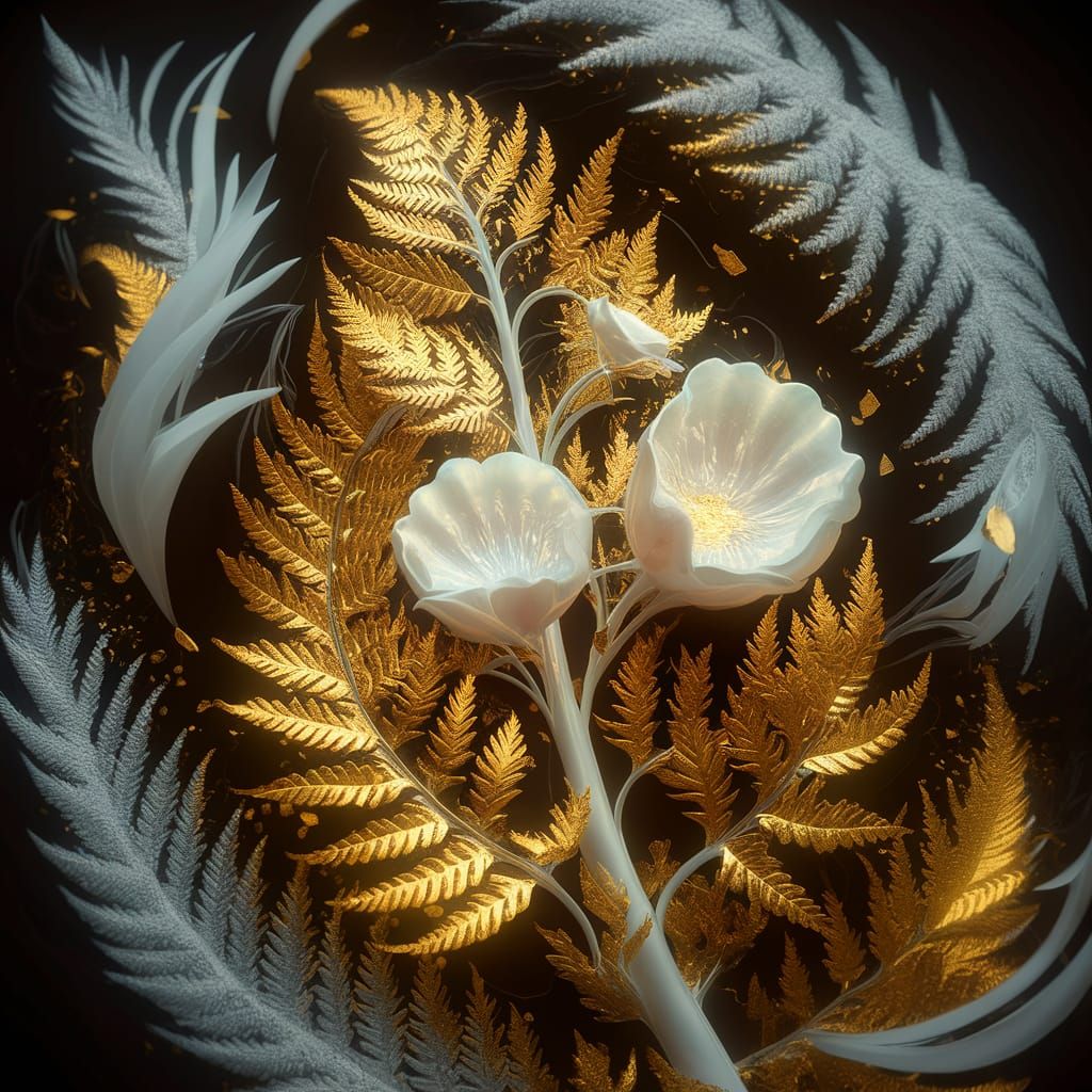 Bioluminescent Fern Flower with Golden Leaves