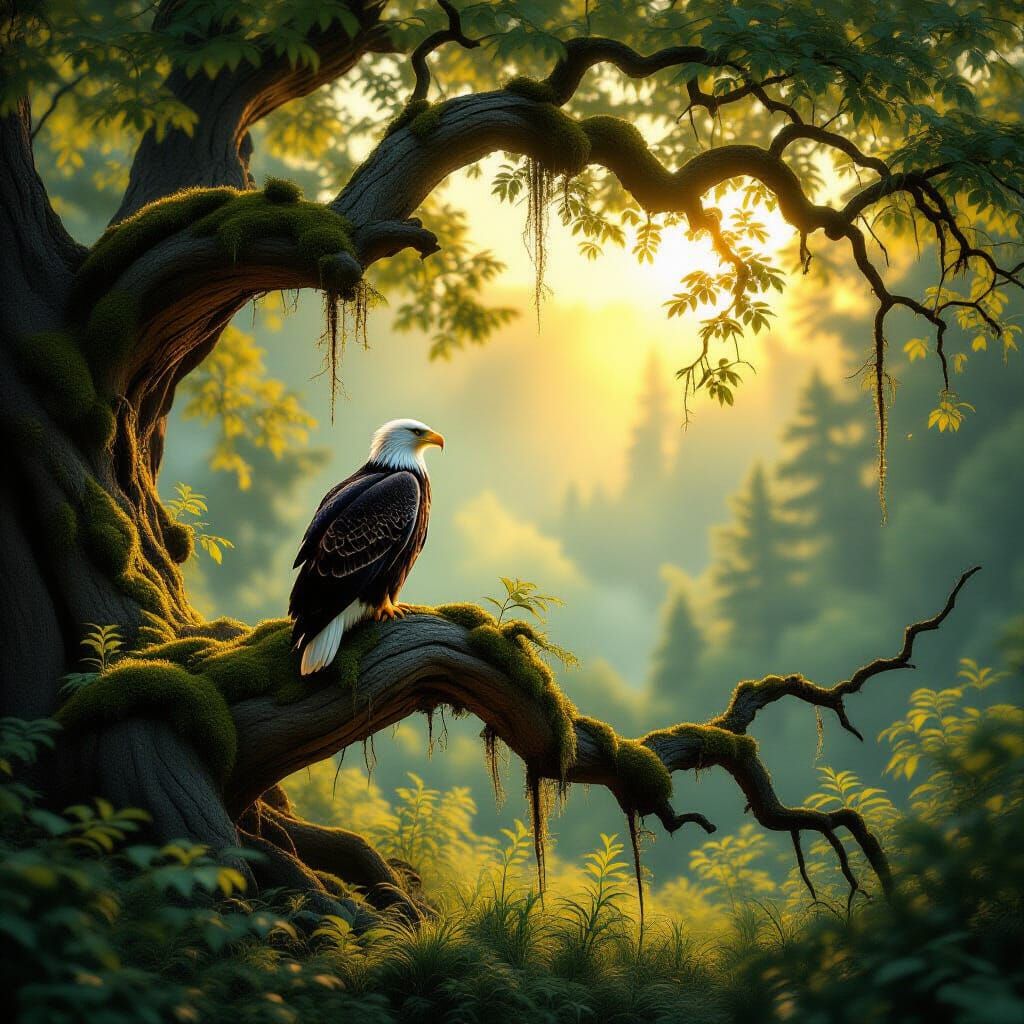Majestic Eagle on Mossy Branch in Dappled Sunlight