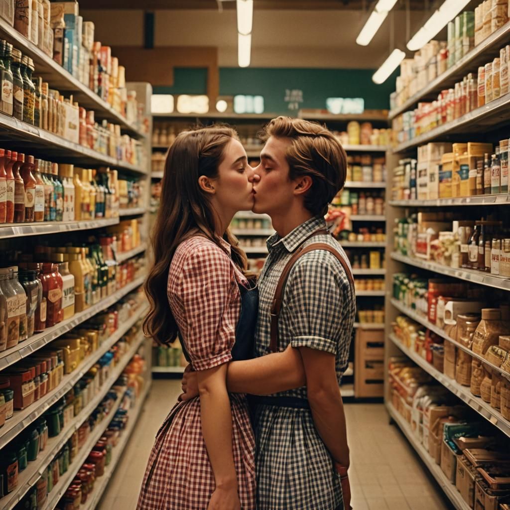 Romantic Kiss in Grocery Store: Cinematic Film Still
