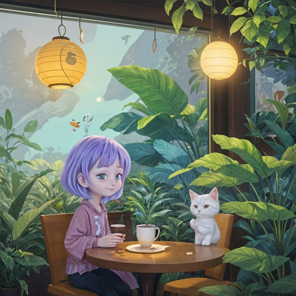 Cat at Coffee Shop with Alien, Cartoon Illustration