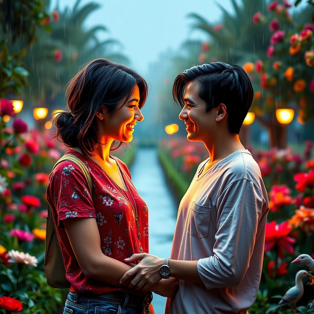 Turkish Couple Embraces Summer Rain, Atmospheric Lighting